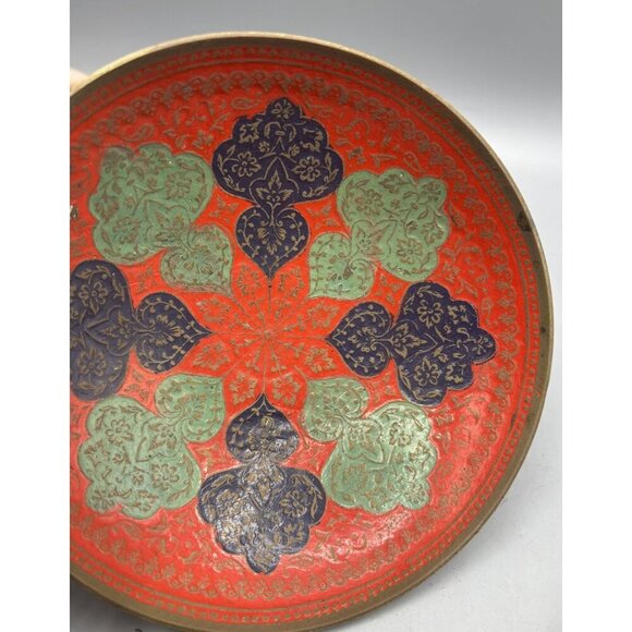Vtg Brass Bowl Enameled Intricate Red Floral Design‎ 6" Decor - Picture 6 of 6